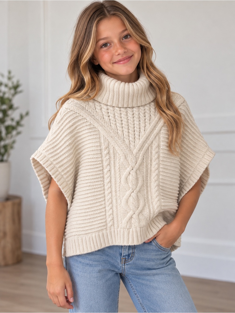 GAP Kids Girls Cream Cable Knit Turtleneck Poncho Sweater – L